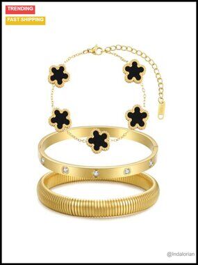 18K Gold Plated Clover Tennis Nail Bracelet Set Stackable Bangle Jewelry Gift